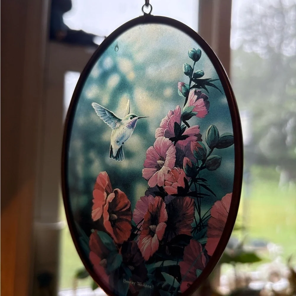 Oval Hummingbird and Flowers Hanging Art Suncatcher